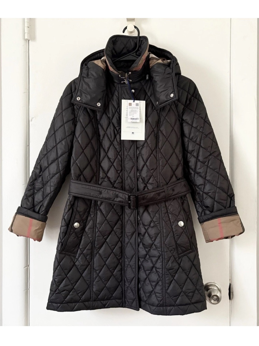 $1595 BURBERRY Diamond Quilted Hood Black Brown White Check Jacket Coat Small S